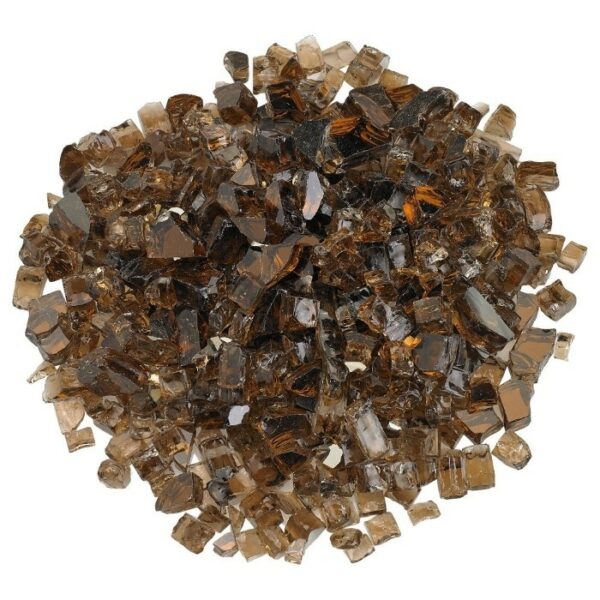 A roughly circular pile of 1/2 Fireglass Copper – 10 Lbs. features small, irregular, translucent brown glass pieces arranged against a white background.