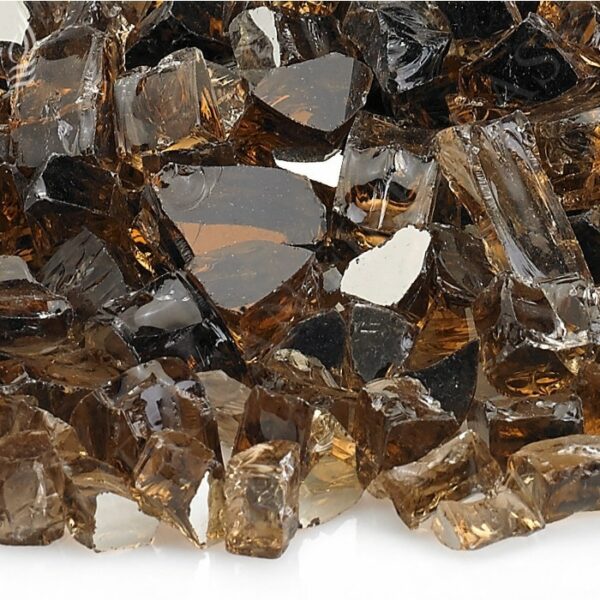 A close-up of 1/2 Fireglass Copper (10 lbs.), featuring irregular, translucent brown glass fragments scattered across a white surface.
