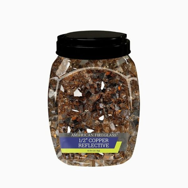 A clear plastic jar with a black lid contains 10 lbs. of 1/2 Fireglass Copper. The label reads 1/2 Fireglass Copper - 10 Lbs. and the jar is filled with reflective copper fire glass pieces.