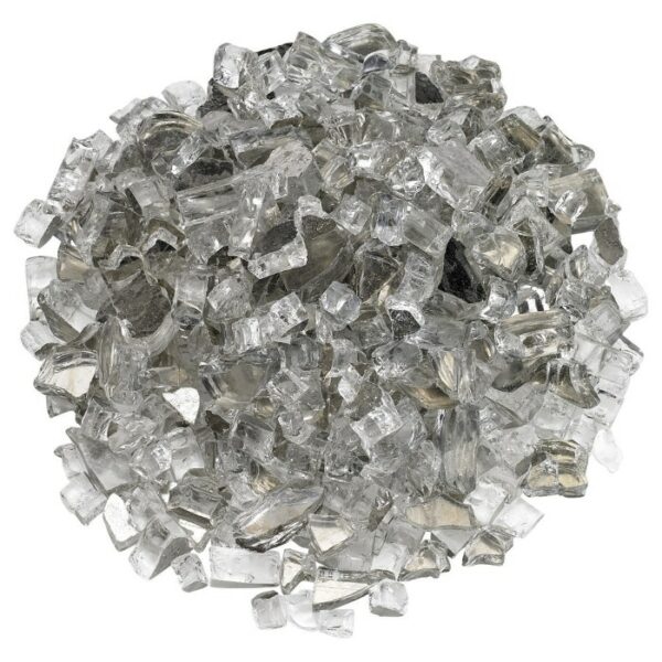 A circular mound of 1/2 Fireglass Starfire (10 lbs) features transparent, irregular glass shards and crystals, arranged on a white background.