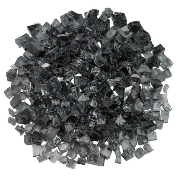 A pile of 1/2 Fireglass Gray (10 lbs.) pieces, irregularly shaped with shiny black and clear glass, is arranged in a roughly circular shape on a white background.