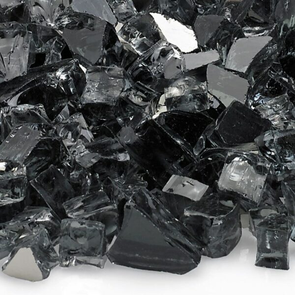 A close-up of 1/2 Fireglass Gray – 10 Lbs., featuring irregular, shiny black and clear pieces that reflect light and create a jagged, textured surface.