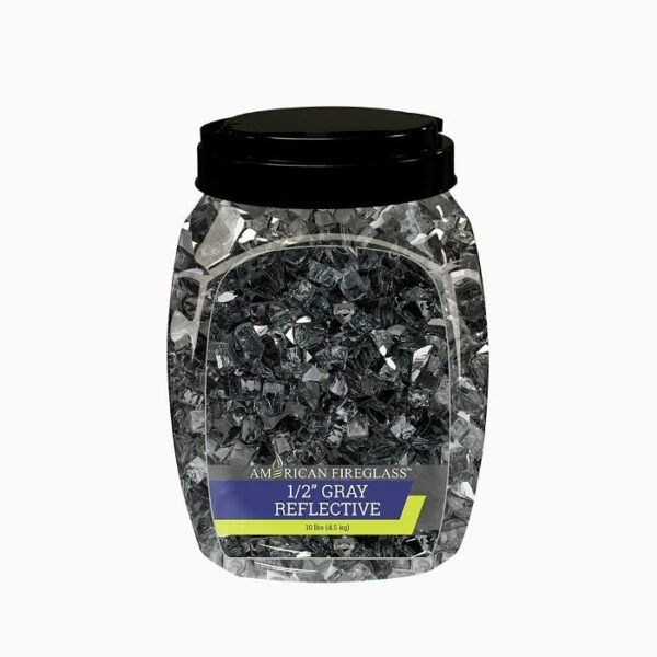 A clear plastic jar with a black lid contains 10 lbs of 1/2 Fireglass Gray, as labeled 1/2 Fireglass Gray - 10 Lbs.