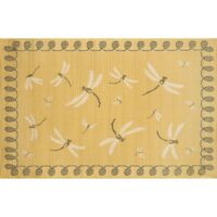 The 5x8 Dragonfly Yellow Rug features a rectangular shape, scalloped border, and a pattern of large and small dragonflies scattered across its yellow surface.