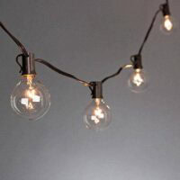 A close-up of the 10 Bulb Patio Light Set-G50 featuring round bulbs hanging against a plain gray background, with several softly glowing and visible filaments inside the glass.