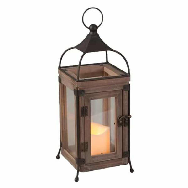 The LED Resin Candle Light / Arched Lantern (Small) features glass panes, a wooden frame, metal top handle, latch, and a glowing pillar candle inside for a rustic touch.