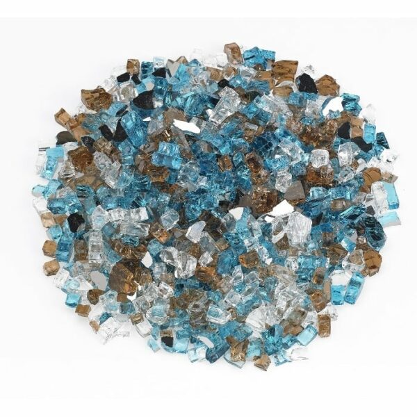 A round pile of 1/2 Fireglass Bali (10 lbs.) in blue, brown, and clear tones is scattered on a white background, featuring small, irregularly shaped glass pieces.