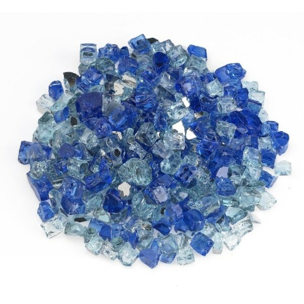 A pile of 1/2 Fireglass BoraBora (10 lbs) in blue and light blue colors, with rough, crystal-like stones arranged in a circular shape on a white background.