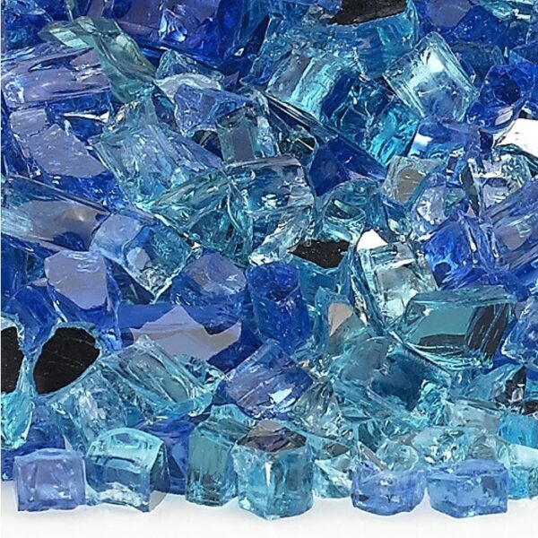 A close-up view of 1/2 Fireglass BoraBora (10 lbs.) shows irregular blue and turquoise glass pieces reflecting light, creating a sparkling, translucent effect.