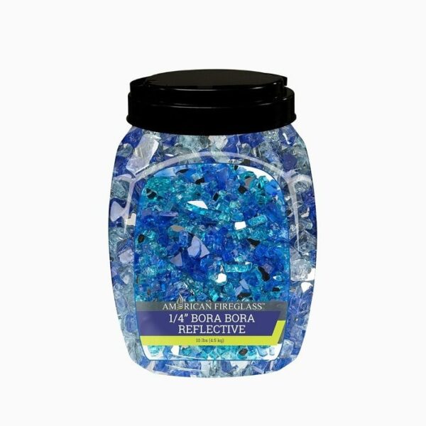 A clear plastic jar with a black lid containing blue and clear 1/2 Fireglass BoraBora, labeled as 10 lbs of fire glass.