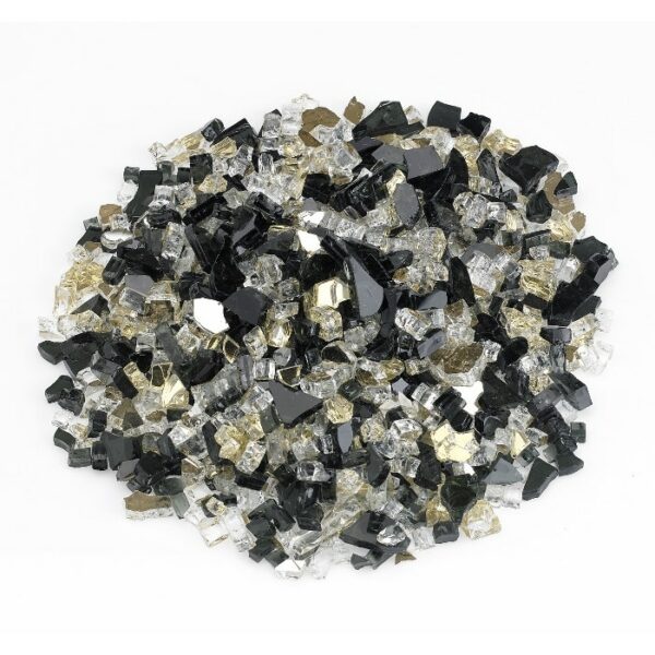 A cluster of 1/2 Fireglass Las Vegas (10 lbs) pieces in black, gold, and clear colors is arranged on a white background.