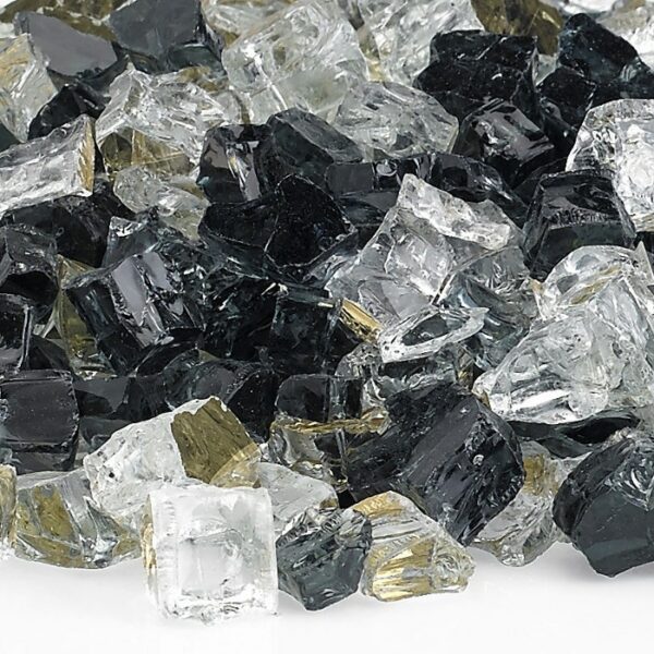 A close-up of 1/2 Fireglass Las Vegas (10 lbs.) shows black, clear, and light gold pieces with irregular, jagged edges and a shiny, reflective surface.