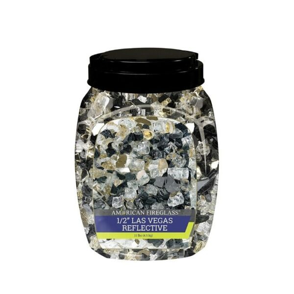A clear plastic jar with a black lid contains 10 lbs. of 1/2 Fireglass Las Vegas in black, silver, and clear reflective pieces. The label reads American Fireglass 1/2 Las Vegas Reflective.