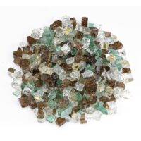 A mound of 10# 1/2 Yosemite Glass, featuring small, irregular chunks in transparent green, brown, and yellowish hues, spread on a white background.