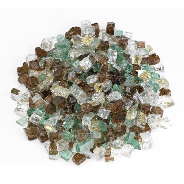 A mound of 10# 1/2 Yosemite Glass, featuring small, irregular chunks in transparent green, brown, and yellowish hues, spread on a white background.