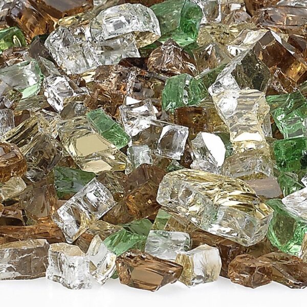 A pile of 10# 1/2 Yosemite Glass pieces in clear, green, amber, and light yellow hues is closely scattered on a white background.