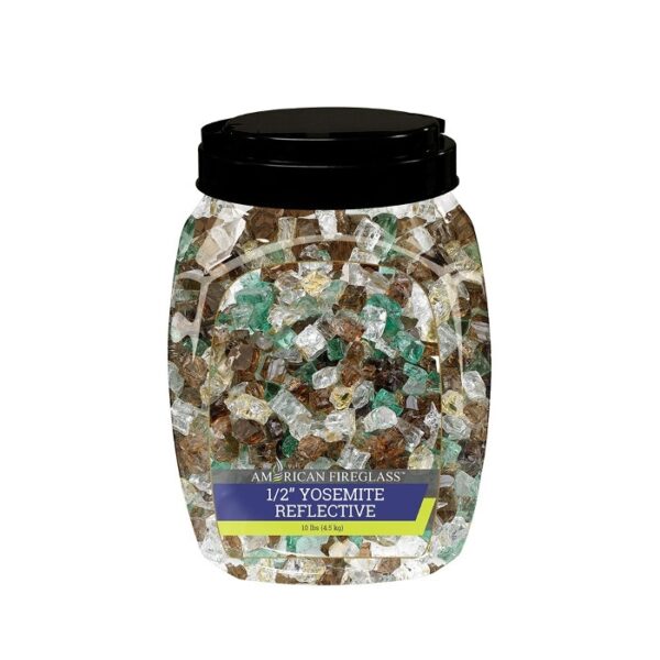 A 10# jar of 1/2 Yosemite Glass filled with multicolored reflective glass pieces in clear, brown, and green.