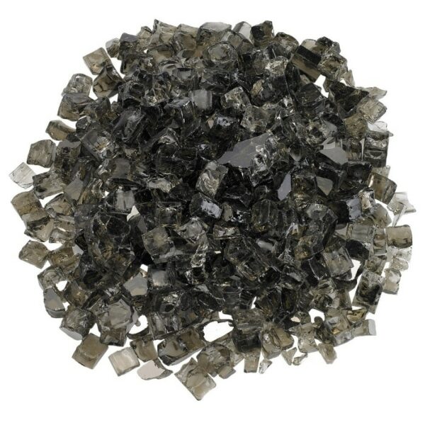 A circular pile of 1/2 Fireglass Zion in clear and smoky gray colors, totaling 10 lbs, arranged on a white background.