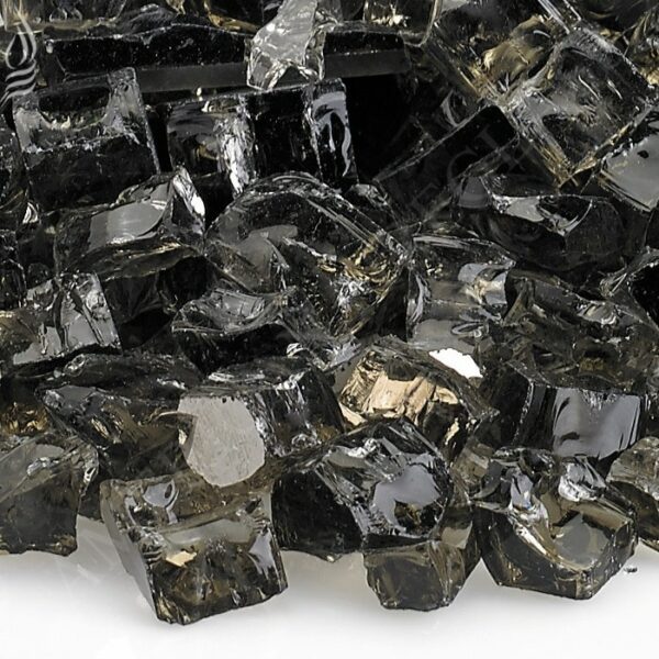 A pile of 1/2 Fireglass Zion (10 lbs) features glossy, dark-colored glass chunks closely stacked together, with light reflecting off their uneven surfaces.