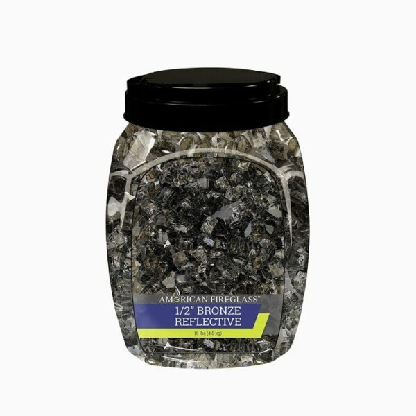 A clear plastic jar with a black lid contains 1/2 Fireglass Zion - 10 Lbs. The front label reads: American Fireglass 1/2” Bronze Reflective, 10 lb (4.5 kg).
