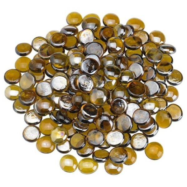 A pile of Caramel Luster Firebeads—small, round, flat glass pebbles in amber, gold, and clear tones—closely arranged on a white background.