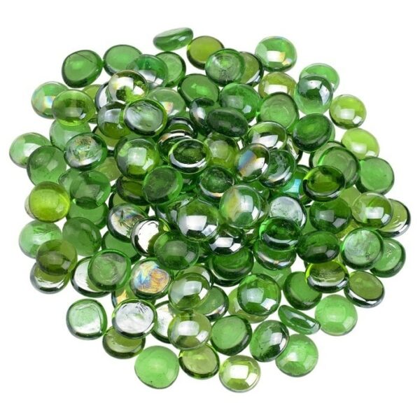 A cluster of glossy, reflective Emerald Green Firebeads - 10 Lbs., small and round glass decorative pebbles, arranged closely together on a white background.