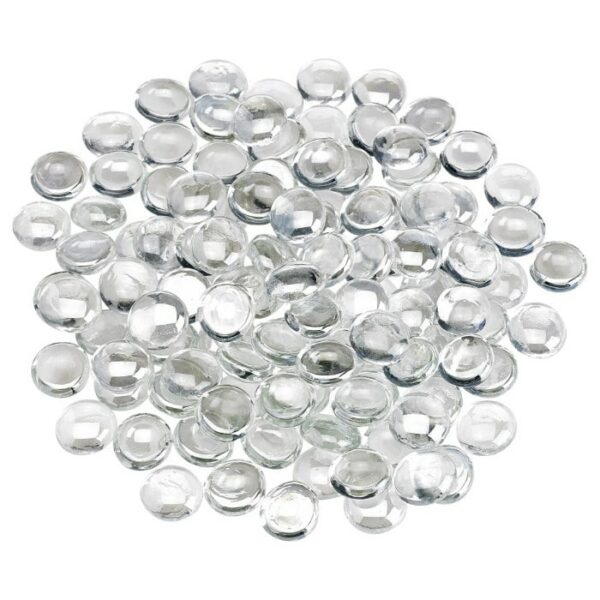 A pile of Glacier Ice Firebeads - 10 Lbs. is scattered on a white background, featuring shiny, clear glass beads with smooth surfaces that reflect light beautifully.