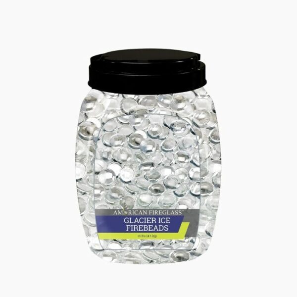 A clear plastic jar with a black lid holds transparent glass beads. The label says Glacier Ice Firebeads - 10 Lbs.
