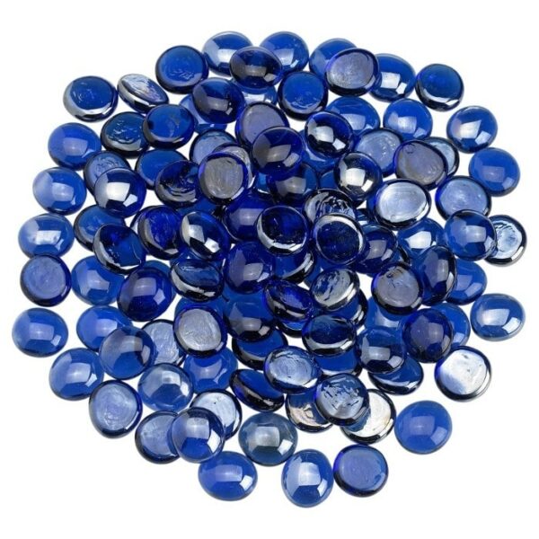 A scattered pile of shiny, round Royal Blue Luster Firebeads (10 lbs) in varying blue shades, overlapping on a white background.