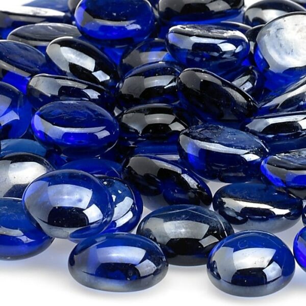 A close-up shows the glossy, smooth, oval-shaped Royal Blue Luster Firebeads (10 lbs.), with their translucent surfaces reflecting light.