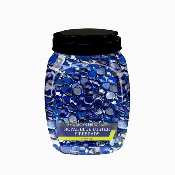 A clear plastic jar with a black lid contains shiny blue glass firebeads labeled Royal Blue Luster Firebeads - 10 Lbs.