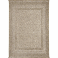 Outdoor Rug-Border Natural: A rectangular beige area rug with a woven texture, subtle geometric pattern, and slightly darker border—neutral tones suit many interior styles.