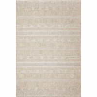 The Outdoor Rug-Striped Natural showcases a rectangular shape with a subtle geometric pattern of horizontal beige and off-white stripes, accented by dotted, dashed, and linear details throughout.