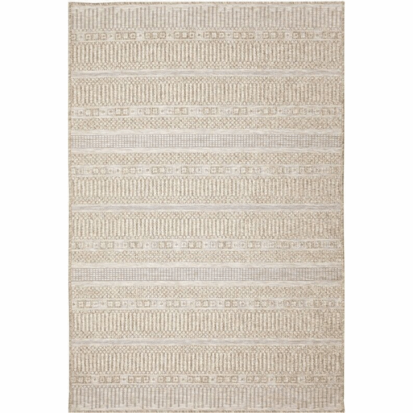 The Outdoor Rug-Striped Natural showcases a rectangular shape with a subtle geometric pattern of horizontal beige and off-white stripes, accented by dotted, dashed, and linear details throughout.
