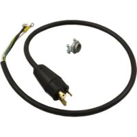 The 3FT TWIST LOCK CORD features a black three-prong plug on one end and three exposed wires on the other, and comes with a small metal cable clamp.