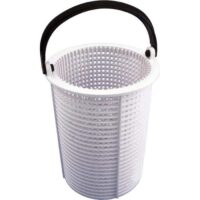 The BSKT-PUMP POWERFLO is a white cylindrical plastic basket featuring a grid pattern and black handle, typically used as a pool skimmer basket.