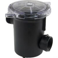 The PUMP TRAP ASSY 6IN W/UN 1.5IN is a black plastic pool pump strainer housing with a clear lid, screw threads for 1.5-inch pipe connections, and a textured grip for easy lid removal and closure.