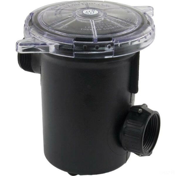 The PUMP TRAP ASSY 6IN W/UN 1.5IN is a black plastic pool pump strainer housing with a clear lid, screw threads for 1.5-inch pipe connections, and a textured grip for easy lid removal and closure.