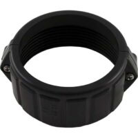 A Mo-Flo Union Nut, 2 female thread (415-5000), black plastic with outer ridges and two metal screws on opposite sides.