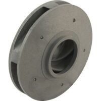 The 1 HP IMPELLER ASSY is a metal centrifugal pump impeller featuring a central opening, radial blades, mounting holes, and a grooved circular design highlighted in an angled view.