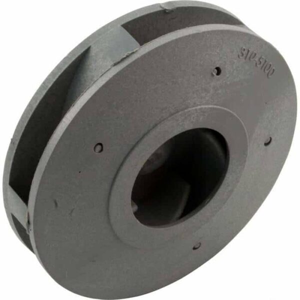 A gray, circular metal Waterway impeller (310-5100) for 1-1/2 HP pumps, featuring a central hole, side grooves, and visible part number markings for efficient fluid movement in machinery.