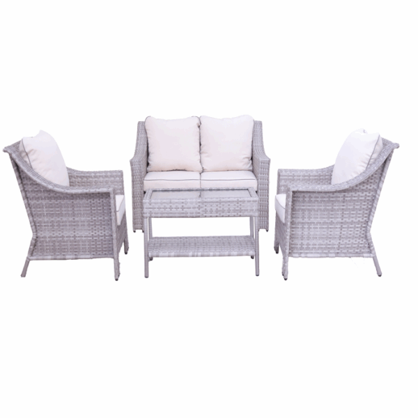 The Bray 4-Piece Wicker Collection - Grey includes two armchairs, a loveseat, and a rectangular coffee table in light gray wicker with white seat cushions.