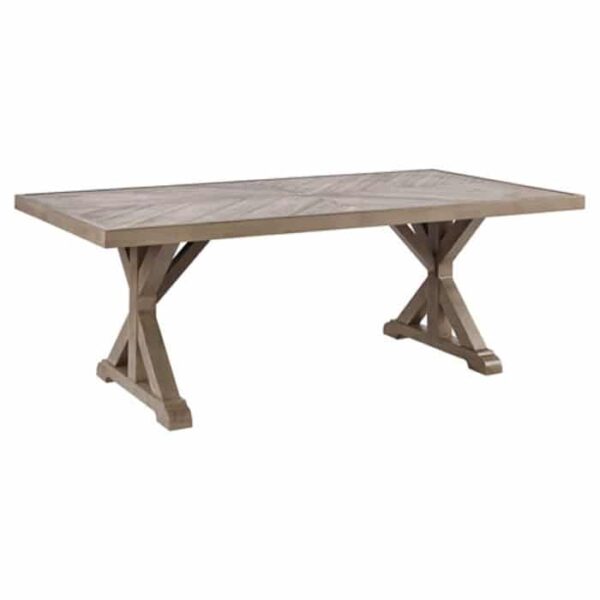 The Beachcroft 6-Piece Dining Group features a rectangular wooden table with a chevron-patterned top and trestle-style legs with cross beams, all in a light natural finish.