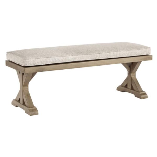 The Beachcroft 6-Piece Dining Group features a wooden bench with an X-shaped base and a light beige cushioned seat, displayed against a plain white background.