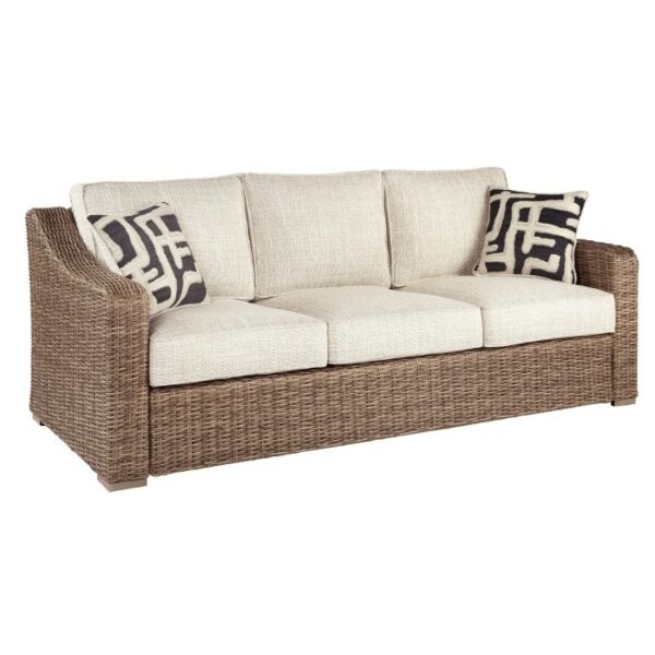 The Beachcroft Deep Seating Group features a three-seat wicker sofa with light beige cushions and two stylish black-and-white patterned throw pillows.