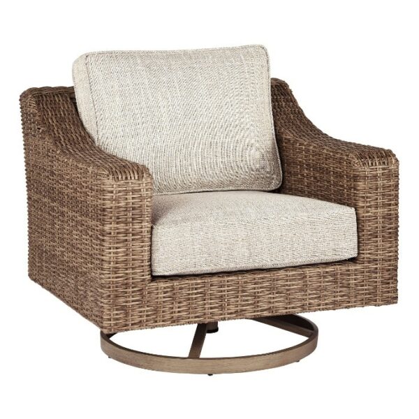 The Beachcroft Deep Seating Group features a natural brown wicker swivel chair with a round metal base, wide armrests, and light beige cushioned seat and backrest.