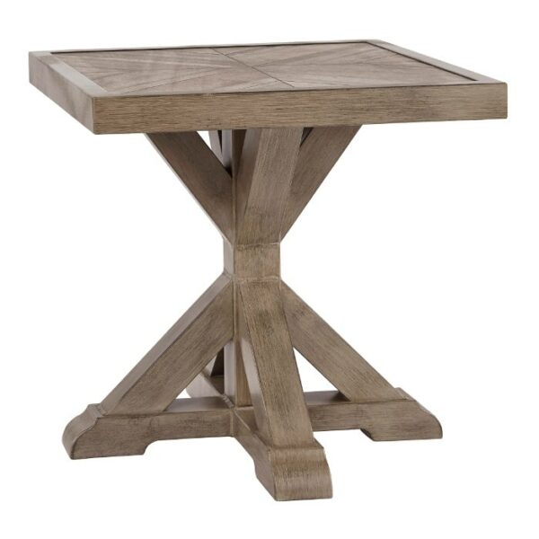 The Beachcroft Deep Seating Group features a wooden square side table with a rustic finish, a thick tabletop, and an X-shaped pedestal base with sturdy legs.