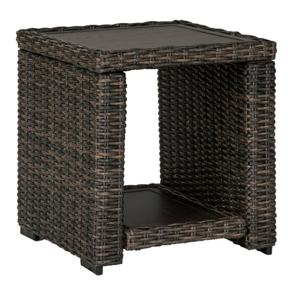 The Grasson Lane 5-Piece Grouping includes a square wicker side table in dark brown, featuring a flat top, open lower shelf, four short legs, and a sturdy boxy build with woven detailing.