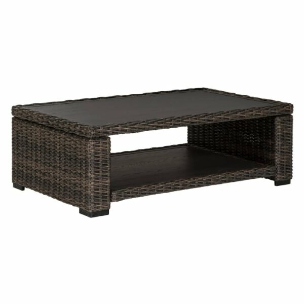 The Grasson Lane 5-Piece Grouping includes a rectangular wicker coffee table with a dark wood top, open lower shelf, short sturdy legs, and a woven rattan-style frame in dark brown tones.