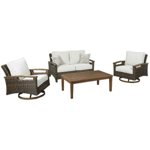 The Paradise Trail Grouping (3 pc) includes two cushioned armchairs and a loveseat with wicker-style brown frames and light-colored cushions, plus a rectangular wooden coffee table for your outdoor patio.